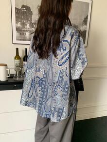 Plus Size Bohemian Paisley Printed Long Sleeve Button-Up Shirt - Baby Blue - View 3