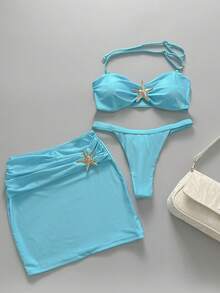 3pcs/Set 2025 New Sexy Bikini, European And American Style Solid Color Buckle Design Split Women High-End Swimwear Vacation Beach Summer - Baby Blue - View 2