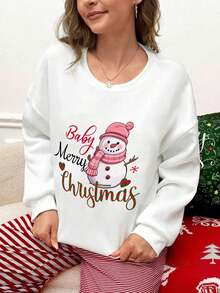 1 pièce Femmes Automne et Hiver Noël Décontracté Simple Imprimé Col Rond Large, Pull épaissi, Vêtements d'intérieur chauds Éléments de Noël Simple Slogan de Noël Imprimé Bonhomme de neige Vêtements d'intérieur décontractés - Blanc - Voir 3