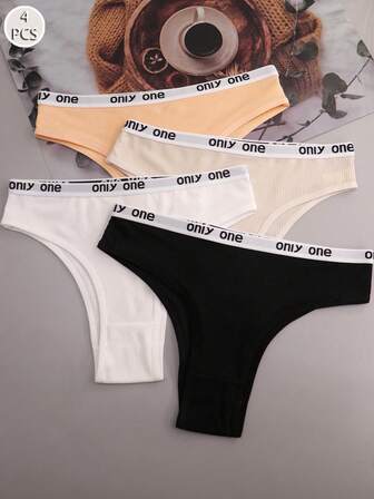 4条装女士多色条纹字母腰部时尚运动T字后背内裤