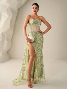 Astony One 奢华优雅亮片珍珠点缀绿色晚礼服，美人鱼腰身设计，高开衩裙摆，飘逸雪纺拖尾，是情人节约会、新年派对、嘉年华、郊游、度假、鸡尾酒会、毕业典礼、红毯活动和正式晚宴的理想之选。 - 綠色 - 查看 5