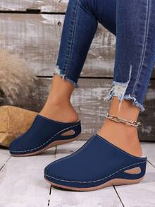 女士厚底套脚拖鞋，保暖闭趾，休闲舒适，适合秋冬季节，尺码 36-43 - 藍色 - 查看 2
