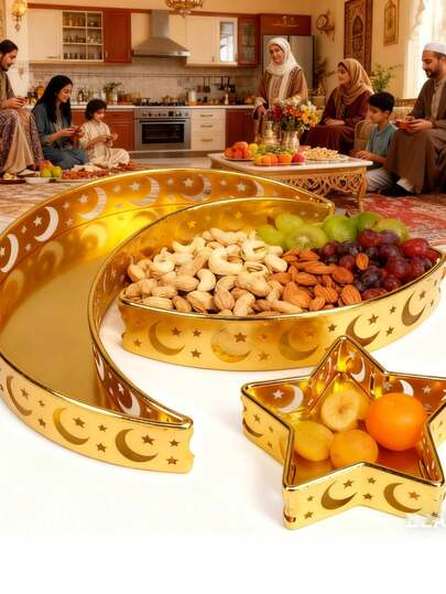 3 Parça Altın Paslanmaz Çelik Yıldız ve Ay Desenli Demir Meyve Tepsisi - Hurma ve Atıştırmalıklar İçin Uygundur, Ayrıca Öğleden Sonra Çayı, Kek, Tatlı ve Şekerleme Tepsisi Olarak da Kullanılabilir - Ev, Oturma Odası, Ofis Dekorasyonu İçin Mükemmeldir - Arap Yeni Yılı, Paskalya İçin Mükemmel Bir Hediye (Küçük Kusurlar Normaldir)