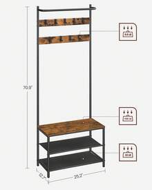VASAGLE Hall Tree With Bench And Shoe Storage, Entryway Bench With Coat Rack Stand And Shoe Rack, 9 Movable Hooks, Top Bar, Fabric Shelves, Industrial, Rustic Brown And Black - Yellow-brown - View 7