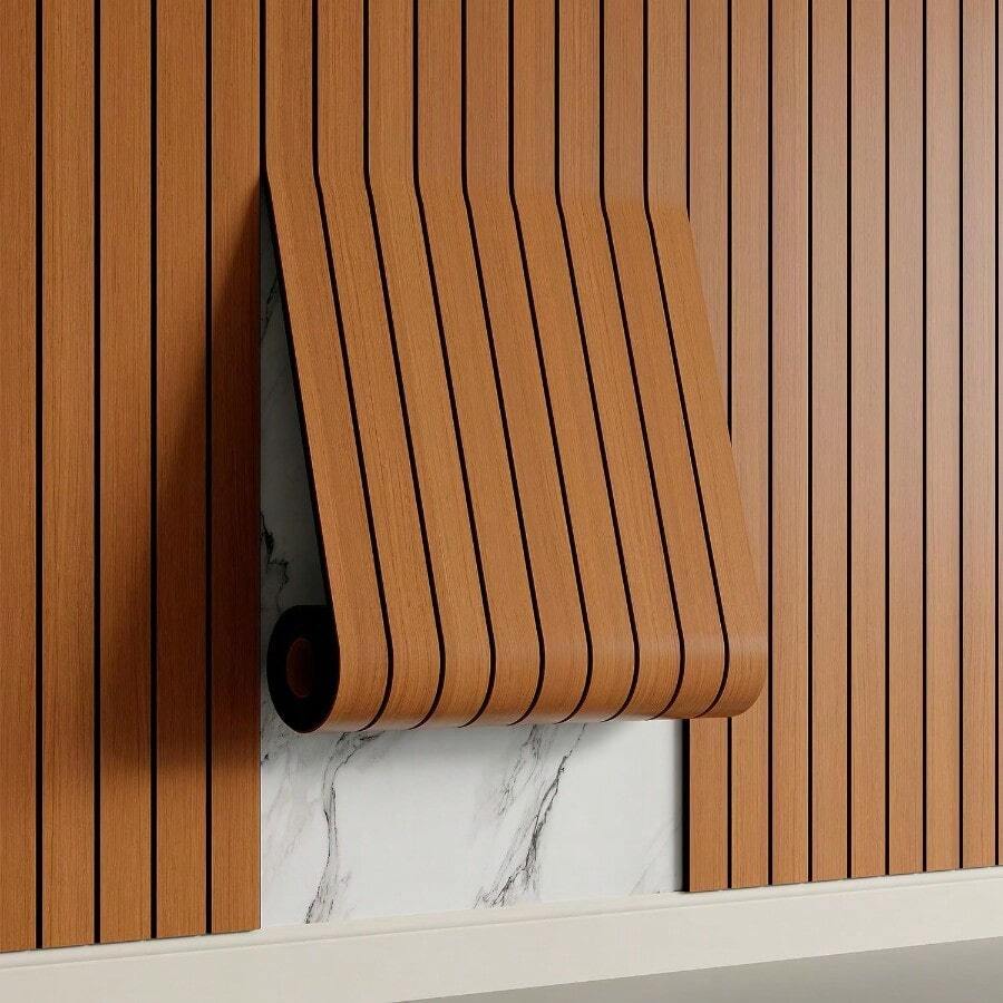 Yutianli PVC Slat Wall Panel Peel And Stick 236"X 15.7" Faux Wood Slat Panel Artificial Oak Wood Grain Self-Adhesive Soundproof 3D Wall Panel For Walls And Ceilings - 236吋 x 15.7吋 + 胡桃木 - 查看 1