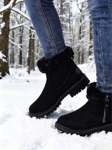 FZY 2026 Winter New Women's Snow Boots: Stylish Side Zipper Design, PU Leather Upper, Thickened And Warm Wool Lining. Perfect For Everyday Wear, Shopping, And Outdoor Activities. A Must-Have Black Boot For Women's Winter Outfits.Valentine's Day Sentiment-Giving Gift Boots,FuzzyChic Black Boots,The Essential Fashion Item For Attending A Wedding - Elegant Ladies' Boots - 黑色 - 查看 5