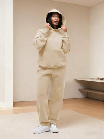 Dam Höst- och vinter Casual Sweatshirt Set Långärmad Pullover Med Fickor, Huva, Topp Med Resår I Midjan Med Fickor, Raka Byxor, Enfärgad, Lös Sportig, Tvådelat Set