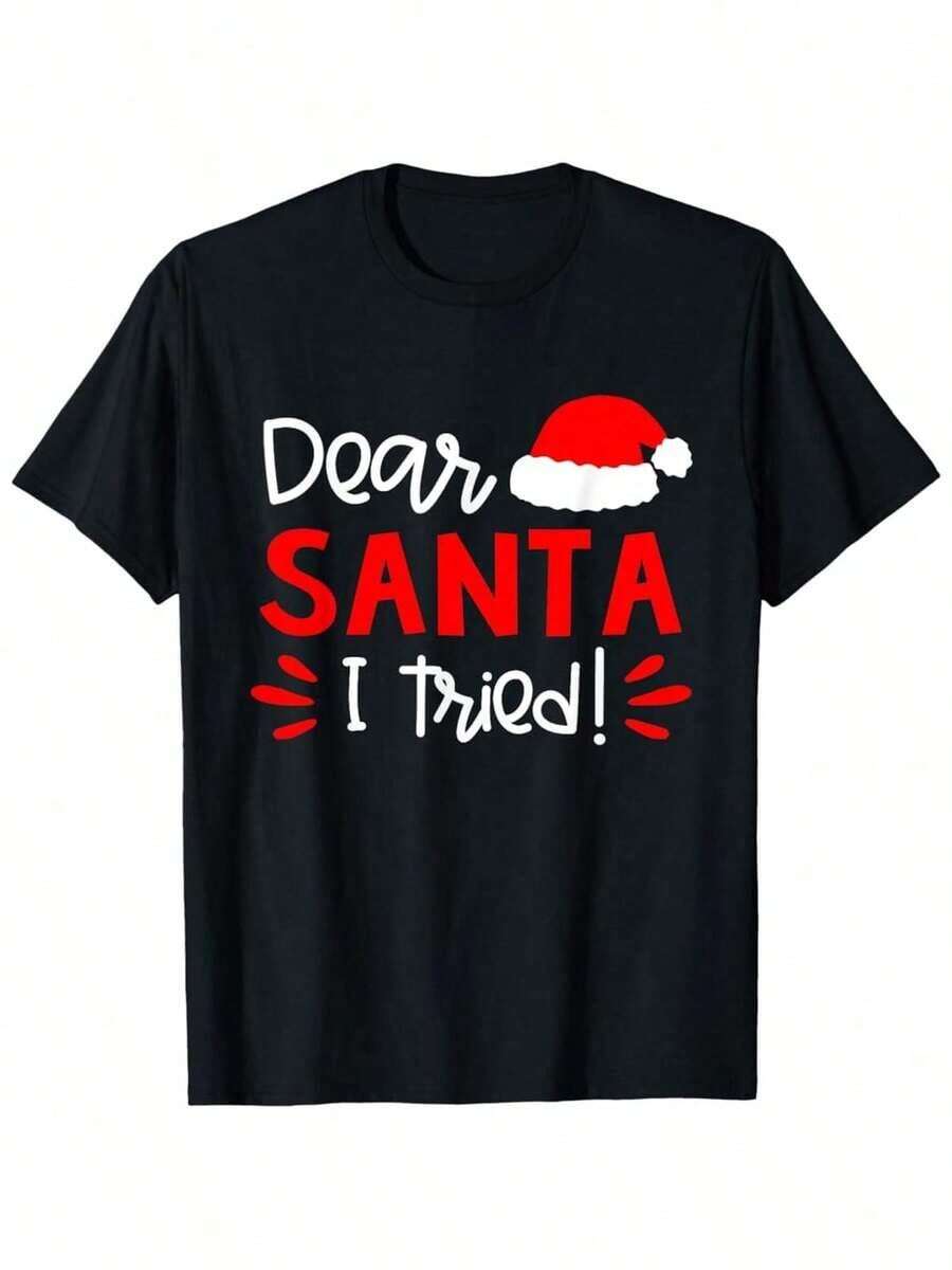 Camiseta de algodón de ajuste relajado "Querido Santa, ¡lo intenté!" para fiestas navideñas, uso casual cómodo. Negro S-XXL - Negro - Ver 1