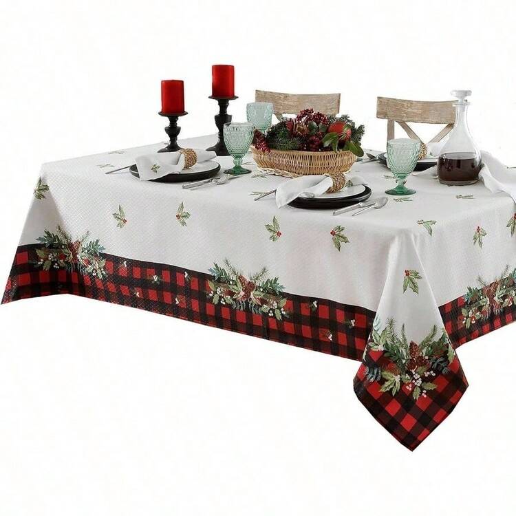 Aspen - Mantel de tela de Navidad, diseo de bfalo rojo y negro con borde de guirnalda, mantel de fcil cuidado, rectangular de 52x 70 pulgadas - 259,1 x 152,4 cm (Rectangular) - Añade 6