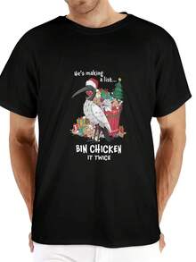 Camiseta divertida de lista de pollos de cuervo australiano para hombres - Escribiendo una lista... Eslogan "Bin Chicken Twice" y estampado de pájaro, camiseta negra casual de cuello redondo para regalos de Navidad, ropa humorística - Negro - Ver 2