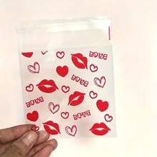 100个情人节红色爱心图案礼品包装袋，爱心和红唇设计透明自粘袋，5合1混合款，充满爱意和浪漫氛围，适用于情人节、婚礼、生日、周年纪念日和其他派对礼品。 - 彩色 - 查看 4