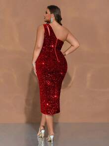 CHOSMO新款蓝色不对称亮片舞会礼服，修身无肩带优雅晚礼服，女士婚礼派对礼服，优雅奢华针织高腰长裙，闪亮正式春季礼服 - 紅色 - 查看 3