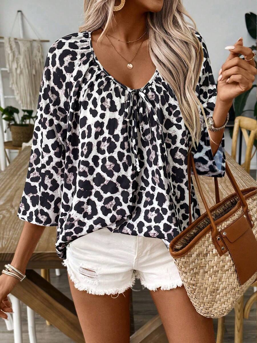 KeKe Bloomly Women's Fashion Loose Fit Leopard Print Belted Cardigan, Versatile For Commute, Date, Party, Beach, Vacation, Grey - Multicolor - View 1