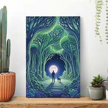 1PC Forest Scenery, Cold White Moon, A Person And A Dog, Green Lines Forming A Dense, Textured Canopy Above The Head, With Branches Extending Outward Pattern Framed Canvas For Living Room,Bedroom,Bathroom,Office,Wall Decor AND Room Decor Gift FOR Home Decoration,Multi Size Available FOR Choose. - Nhiều màu - Xem 2