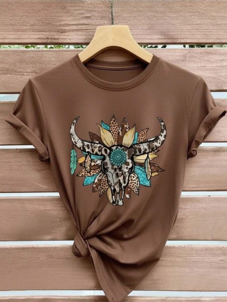 Women's T-Shirt With Cowgirl Sunflower Print, 100% Cotton Premium Knit, Short Sleeve, Round Neck - 鏽棕色 - 查看 1