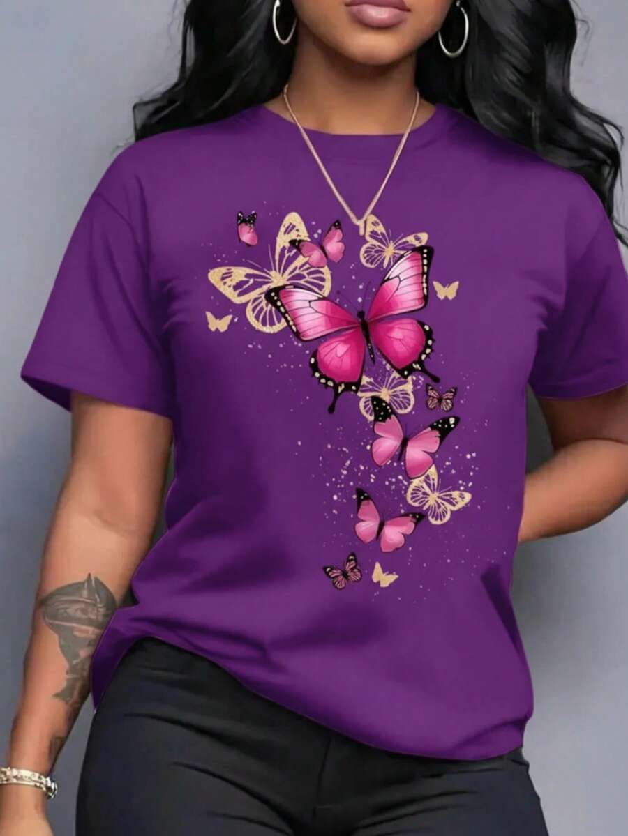 Playera camiseta gráfica dama mujer manga corta cuello redondo básica cómoda fresca ligera moderna juvenil estampado mariposas volando degradado - Morado - Ver 1