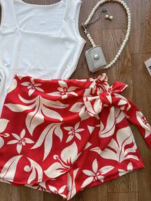 AMYLAN FASHION Women's Set Consisting Of A Spandex Bodysuit And A Printed, Lined Skirt With Shorts. - branco com vermelho\flor - Xem 2