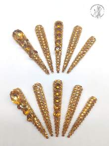 10pcs Handmade Extra Long Stiletto Nail Art Stickers, 77mm Gray Glitter Base With Yellow Rhinestone Decor, Suitable For Casual, Holiday, Party, And Performance Occasions Press On Nails - Multicolor - View 1