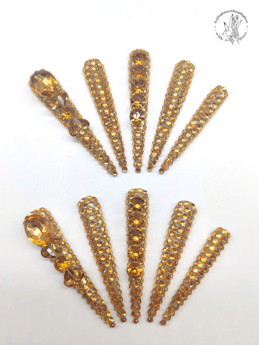 10pcs Handmade Extra Long Stiletto Nail Art Stickers, 77mm Gray Glitter Base With Yellow Rhinestone Decor, Suitable For Casual, Holiday, Party, And Performance Occasions Press On Nails - Multicolor - View 1