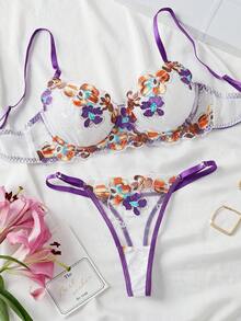 2pcs/Set Sexy French Embroidery Bra And Panty Set, Lingerie - Multicolor - View 1