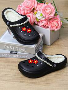 CIVHOM 女士冬季毛绒内衬套脚拖鞋 - 防滑EVA材质室内/室外家居鞋，舒适布衬里 - 黑色 - 查看 2