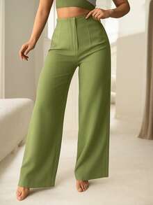 Pantalón de Pinzas Acampanado.  Pierna Amplia.  Talle Ajustado con Pinzas. - Verde Pistache - Ver 1