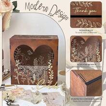  Brown Wedding Card Box For Reception With Heart Acrylic Window, Wooden Gift Card Box For Wedding With Flower Pattern, Vintage Card Box For Graduation Birthday Party Anniversary - 棕色 - 查看 4