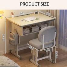 Adjustable Height Study Desk And Chair Set Multifunctional School Student Writing Desk Study Table And Sponge Chair Set With Storage Drawer - Wood - View 2