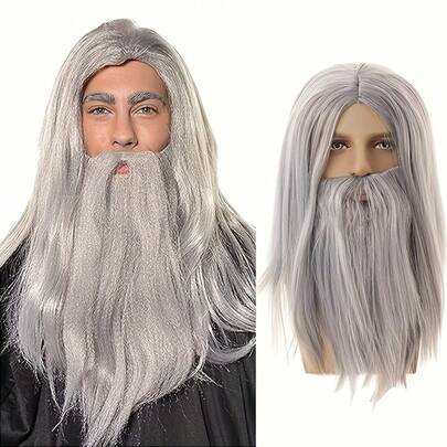 Wizard Wig, Magician Long Curly Wig, Grandma Gray Wig, Beard, COS Wig Set, Costume Wig Set For Halloween