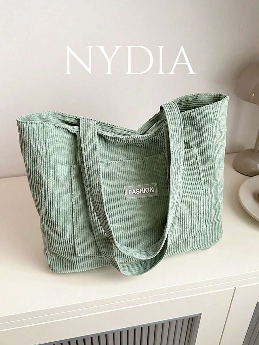 Large Capacity Solid Color Simple Corduroy Tote Bag - Mint Green - View 1