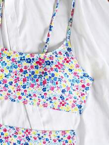 wohenmeili 休闲花卉印花高腰吊带比基尼套装，带十字交叉露背细节，高弹力两件套泳衣 - 白底藍黃粉 - 查看 6