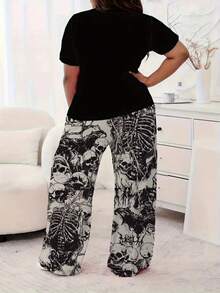 2pcs Plus Size Women Pajama Set - Halloween Ghost Gothic Skull Print, Short Sleeve Top And Comfortable Long Pants, Soft Polyester Blend Loungewear, Suitable For Spring, Summer, Autumn