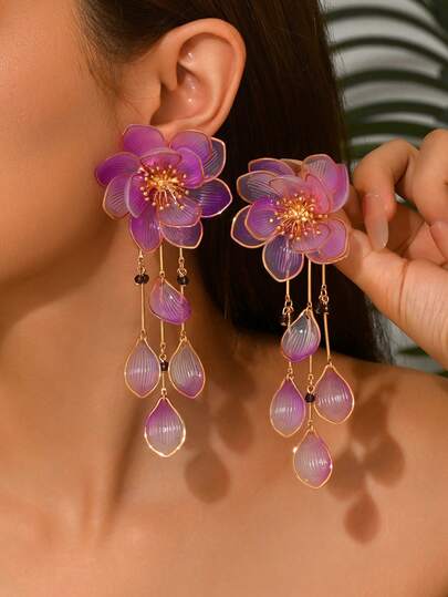 2pcs Elegant Vintage Exaggerated Sexy Bohemian Red Heart Wave Flower Shape DIY Handmade Woven Small Stone Small Shell Imitation Jade Resin Tassel Pendant Gold Copper Earrings, New Added Faux Pearl Resin Woven Flower Tassel Earrings, Alloy Flower Center Woven Tassel Earrings, Light Pink Transparent Petal Tassel Earrings, Lake Blue Petal Woven Tassel Earrings, Suitable For Sexy Party Holiday Wear, Valentine's Day Gift. Due To The Natural Materials And Handmade Process, There May Be Slight Variations In Size, Shape And Weight, Which Is Normal.