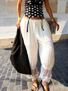 Women's Lace Ruffle Hem Pants, Made Of Non-Stretch Woven Fabric - White - View 2