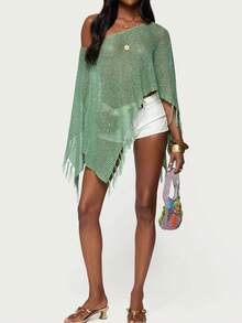 Womens Batwing Sleeve Asymmetrical Sparkly Glitter Poncho Top Crochet Hollow Out See Through Shrug Shawl Summer Beach Cover Ups With Tassel - màu xanh lá - Xem 3