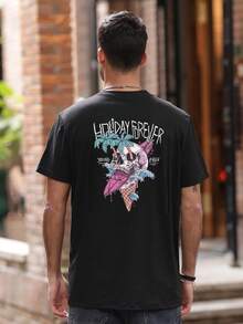 Men's Lightweight Summer Slogan Skull Print Round Neck Short Sleeve Casual T-Shirt, For Halloween - Black - View 2