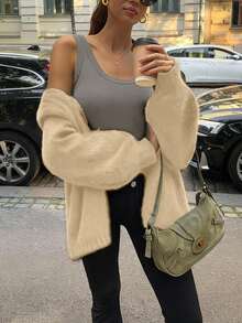 Nuevo suéter de punto de manga larga holgado de unicolor para otoño/invierno, elegante y sencillo, cárdigan oversize, suave y cálido, adecuado para el uso diario, chaqueta de punto esencial para Año Nuevo - Albaricoque - Ver 3