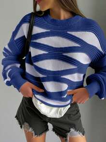 FOR BEAUTY 秋冬新款女士圆领波浪条纹撞色长袖针织衫，J Fashion 宽松舒适多巴胺色约会之夜灯笼袖套头针织休闲上衣，新年版 - 深藍 - 查看 2