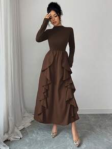 Solid Color Casual Elegant Conservative Ruffle Hem Dress, Suitable For Daily, Festivals, Birthday Parties, Valentine's Day And Other Occasions In Autumn - Coffee Brown - View 7