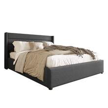 Storage Bed, Upholstered Bed, Hydraulic Double Bed 160x200cm, Wooden Slatted Base, Bed With Metal Slatted Base, Linen, Grey