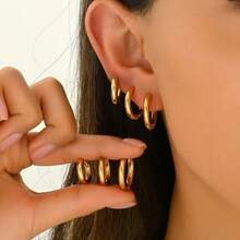 3 Pairs Minimalist 18K Gold Plated Hoop Earrings, Elegant & Fashionable Jewelry - Gold - View 1