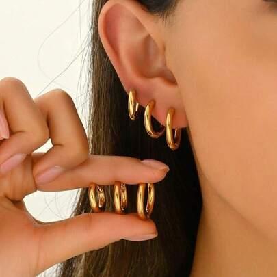 3对简约18K镀金耳环，优雅时尚首饰