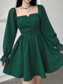 Gaun Mini Polos Kasual Wanita Elegan untuk Musim Semi - Hijau - View 2