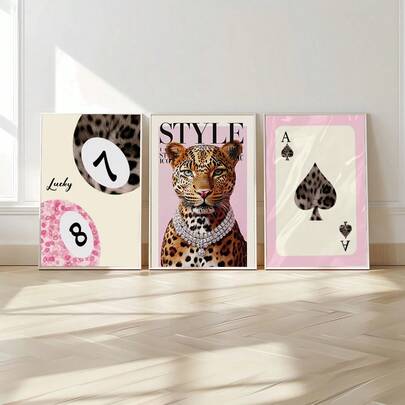 1/3 Panel Leopard Cheetah Wall Art, 8 Ball Lucky Pattern Canvas Painting, Pink Girly Poster, Elegant Decorative Painting Suitable For Bedroom, Living Room Or Dorm, Gift For Her, Frame Not Included