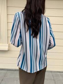 Camisa de mujer de manga larga con corte holgado, blusa abotonada de unicolor - Azul - Ver 3