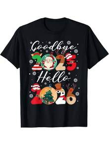 & Camiseta de Año Nuevo y Navidad 2025-2026 - Algodón Pesado de 180gsm Retro con Impresión de Fecha 2025-2026, Cuello Redondo, Camiseta Casual, Suave y Unisex para Fiestas, Citas y Eventos al Aire Libre (Negro) - Celebración del Año de Nacimiento - Negro - Ver 1