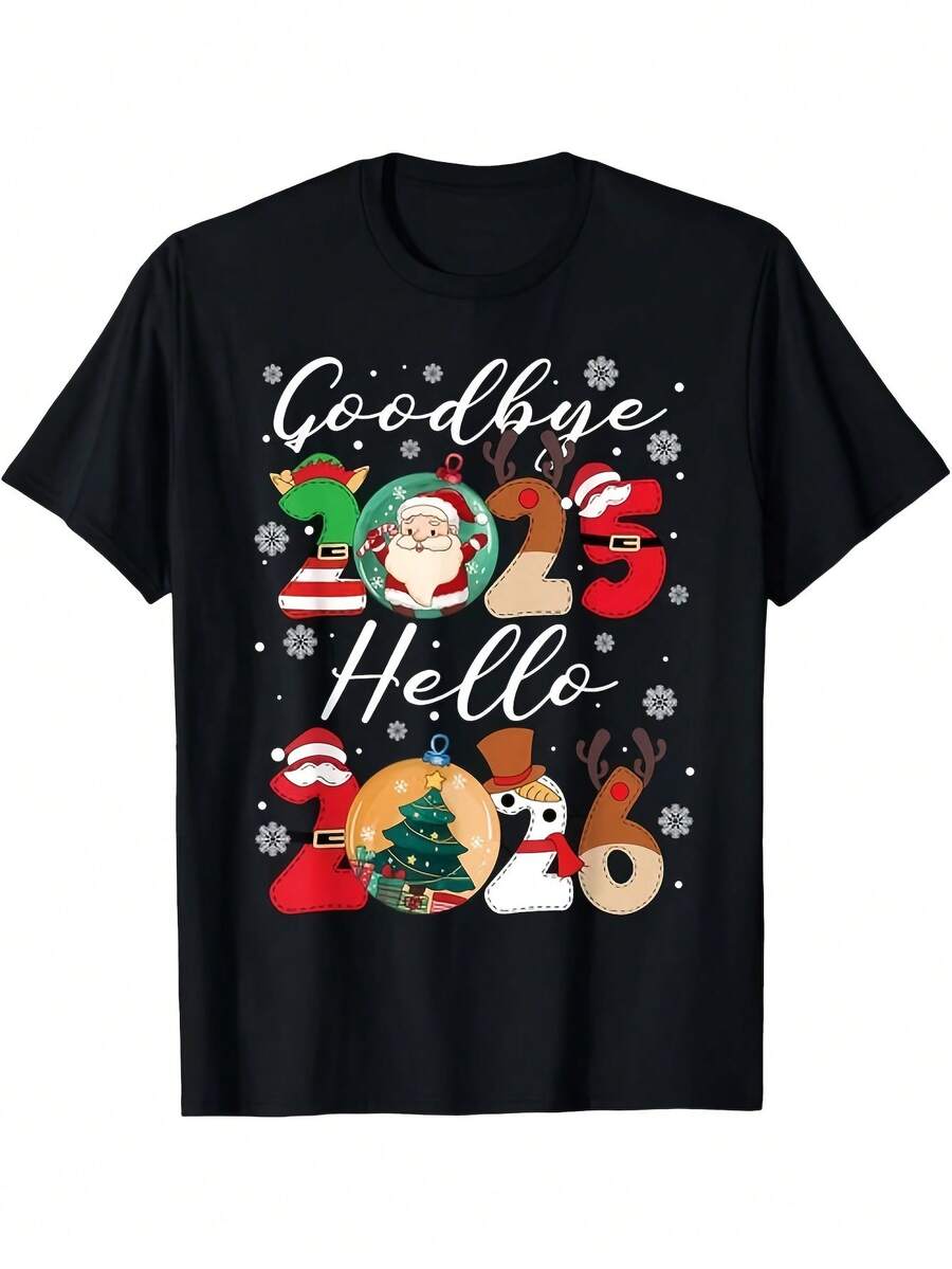& Camiseta de Año Nuevo y Navidad 2025-2026 - Algodón Pesado de 180gsm Retro con Impresión de Fecha 2025-2026, Cuello Redondo, Camiseta Casual, Suave y Unisex para Fiestas, Citas y Eventos al Aire Libre (Negro) - Celebración del Año de Nacimiento - Negro - Ver 1