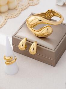 4 件/套几何水滴光滑镀金手镯、戒指、耳环首饰套装，适合女士，简约优雅多功能日常配饰，春季设计开口手镯