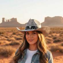 Snake Pattern Cowgirl Hat For Women Men Sapphire PU Leather Belt Wide Brim Western Cap - Light Grey - View 4