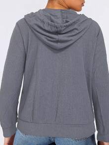 Plus Size Women Autumn/Winter Ribbed Ribbed Casual Hoodie Sweatshirt, Loose Knit Zip-Up Sweatshirt Long Sleeve Pullover - Grey - View 2